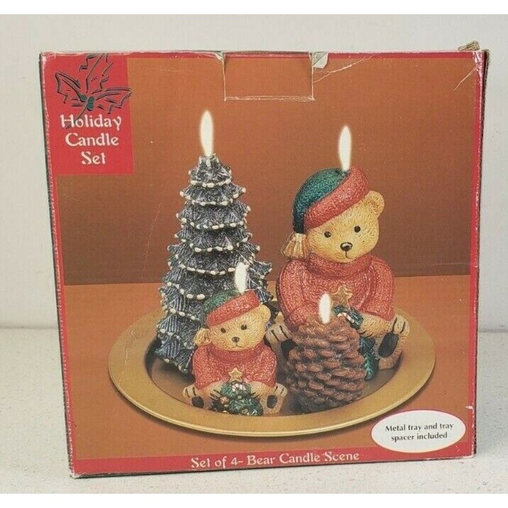 Vintage HOLIDAY CANDLE SET (Set of 4 - BEAR CANDLE SCENE) w/ Metal Tray (NIB)